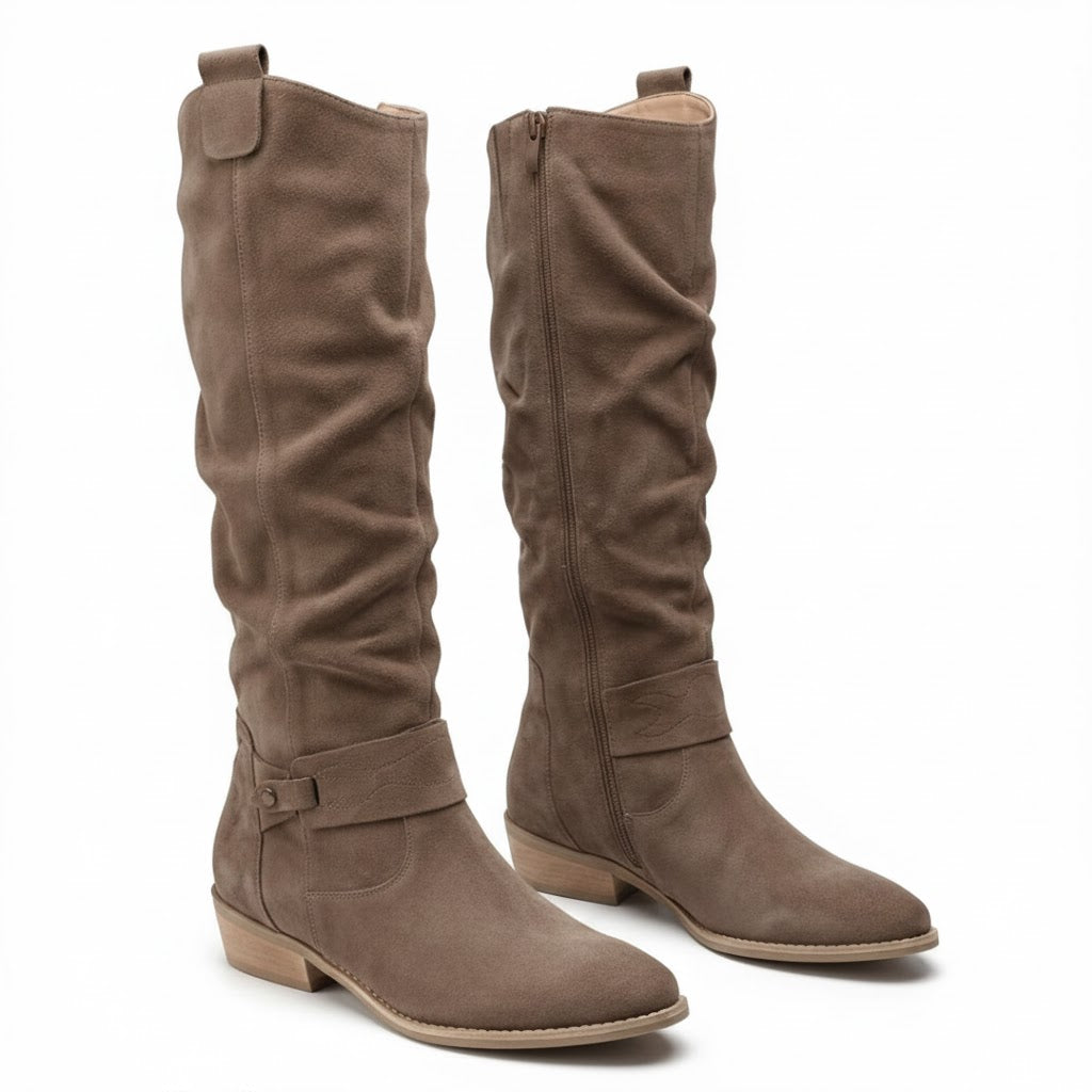 Women's Slouchy Knee-High Boots with Ankle Strap – Taupe