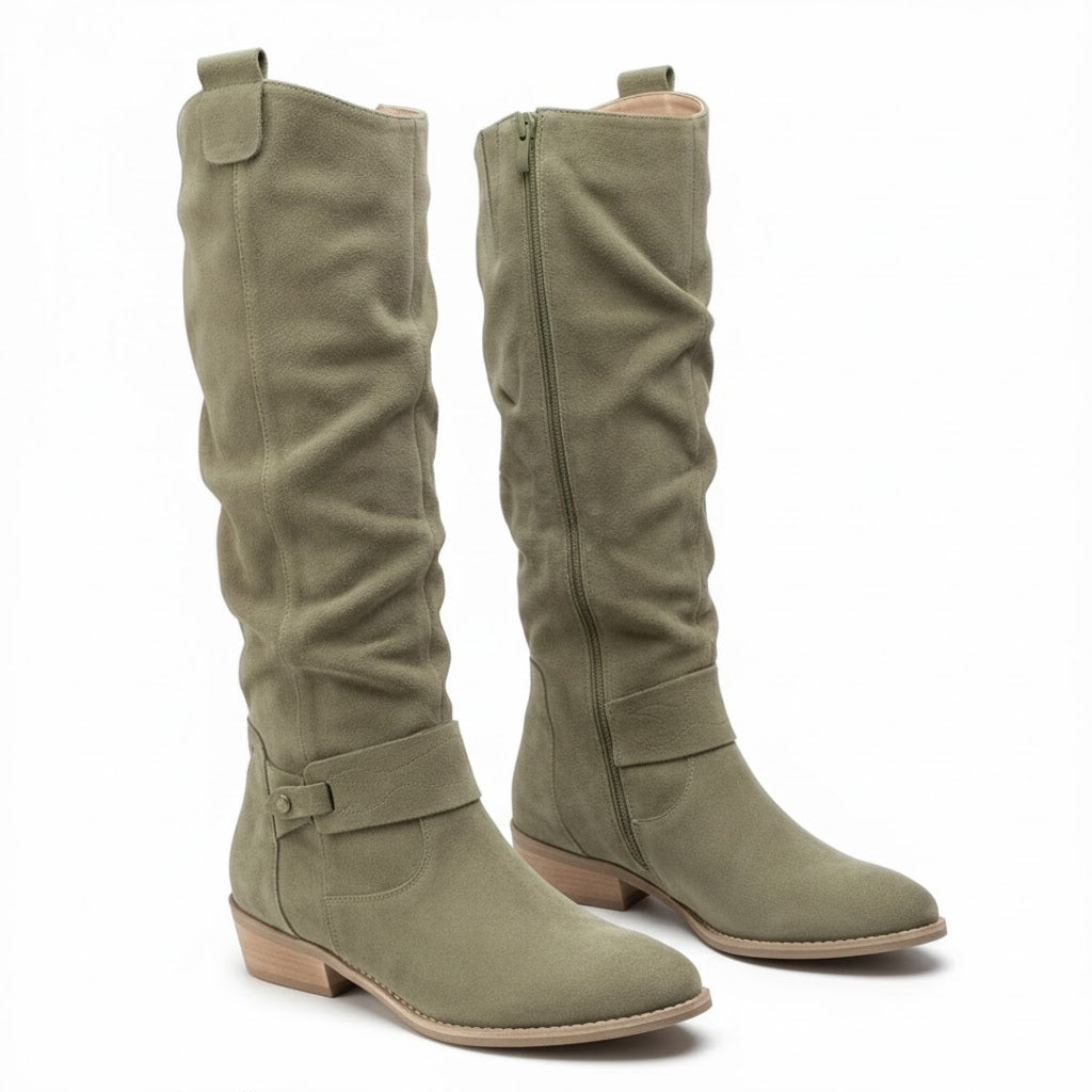 Women's Slouchy Knee-High Boots with Ankle Strap – Dark Green
