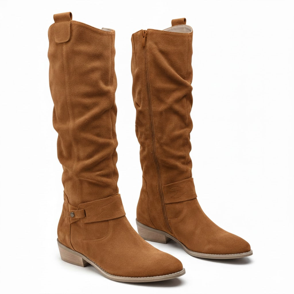 Women's Slouchy Knee-High Boots with Ankle Strap – Light Brown
