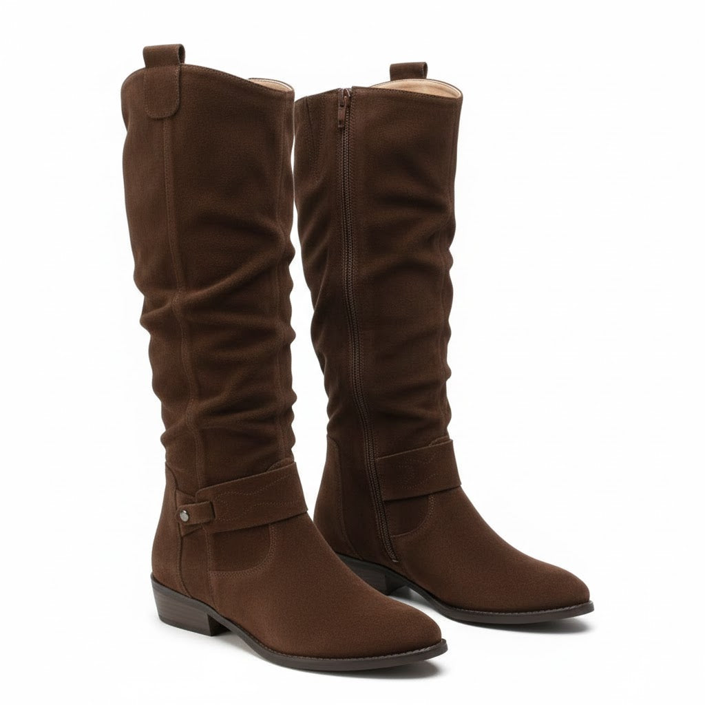 Women's Slouchy Knee-High Boots with Ankle Strap – Dark Brown