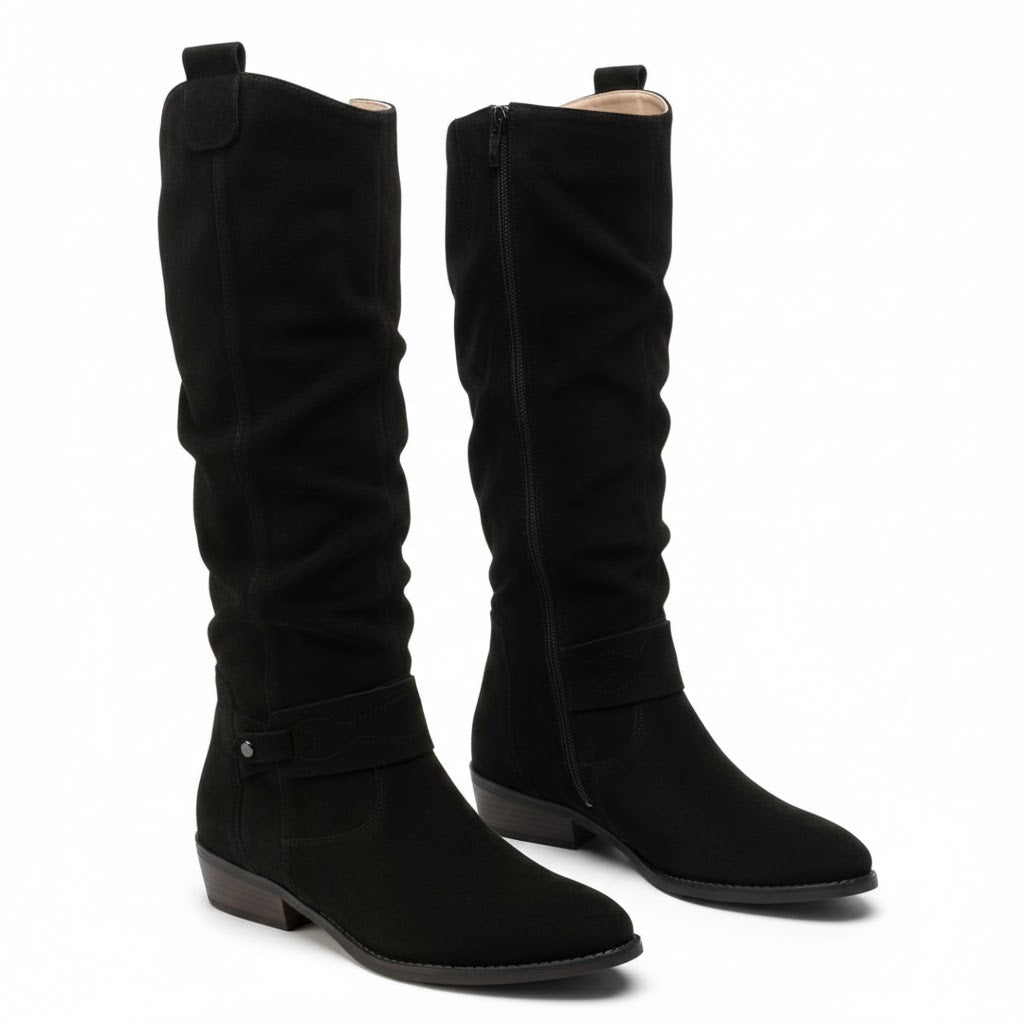 Women's Slouchy Knee-High Boots with Ankle Strap – Black