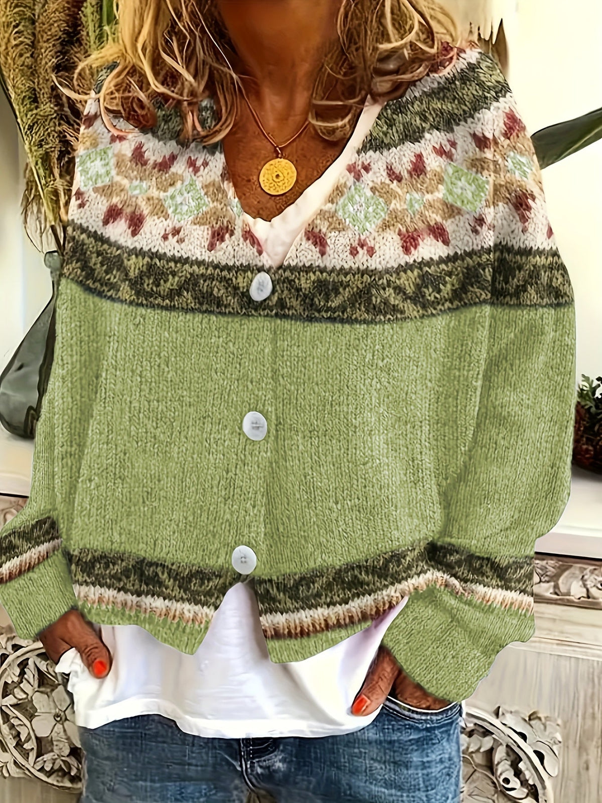 Women's Relaxed Knit Cardigan with Patterned Yoke