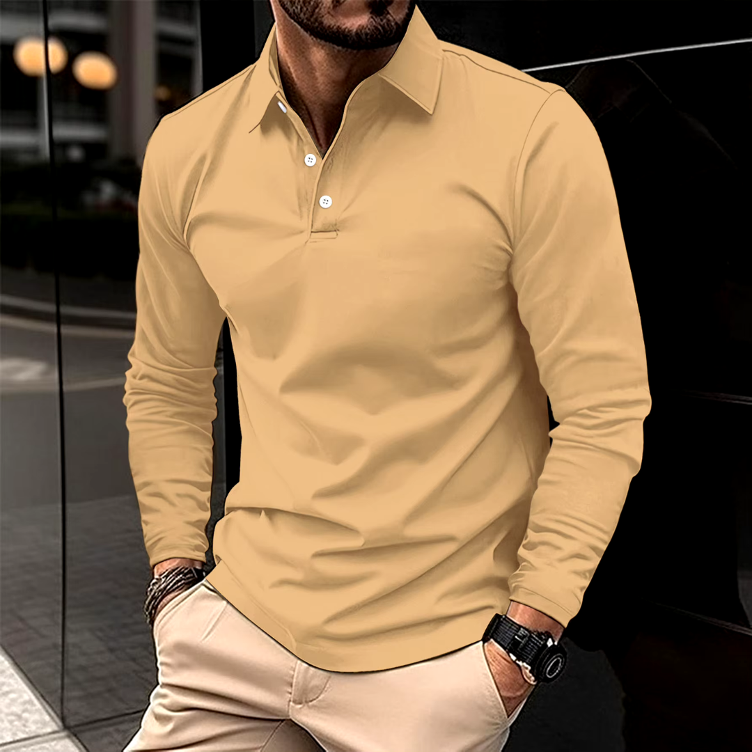 Men's Tailored Long Sleeve Polo with Structured Collar – Khaki