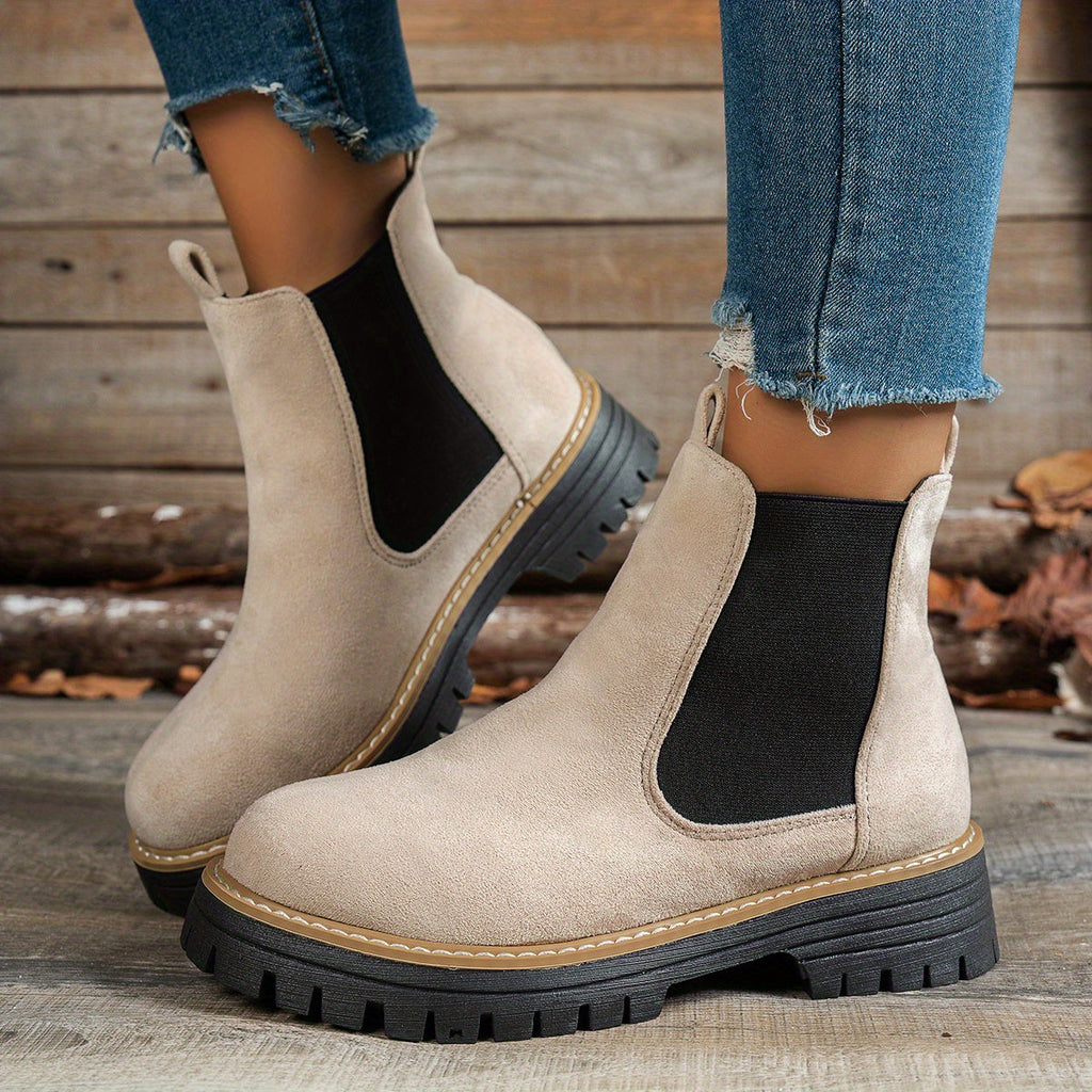 Women's Chelsea Boots with Lug-Sole Platform and Pull Tab – Beige