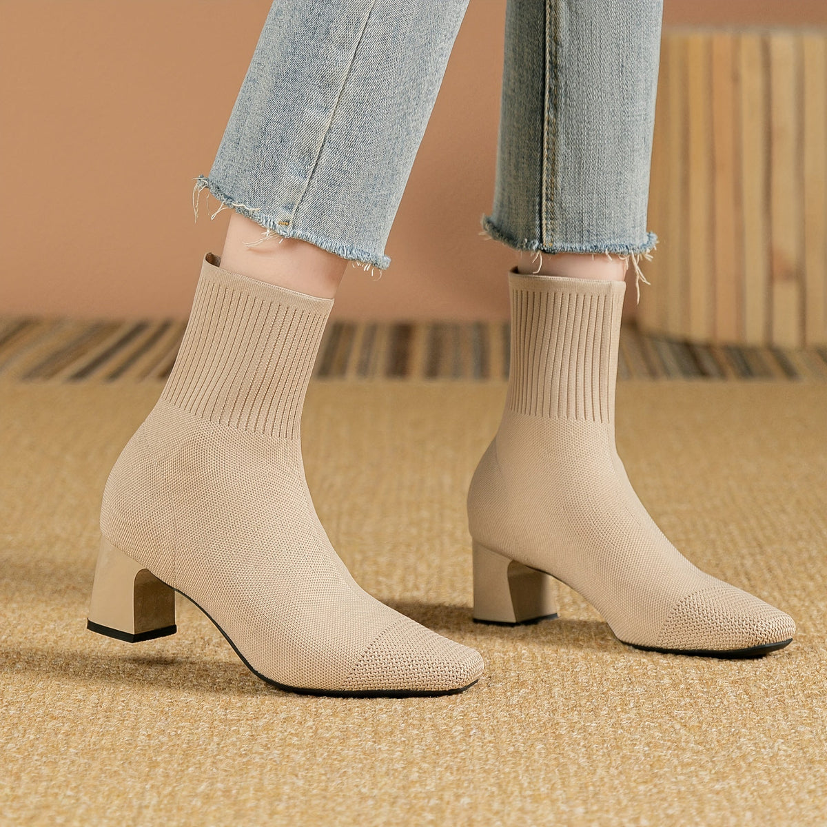Women's Stretch Knit Sock Boots with Square Toe – Beige