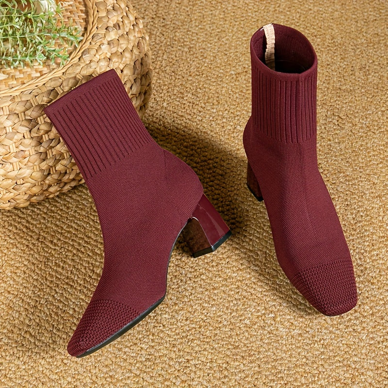 Women's Stretch Knit Sock Boots with Square Toe – Red