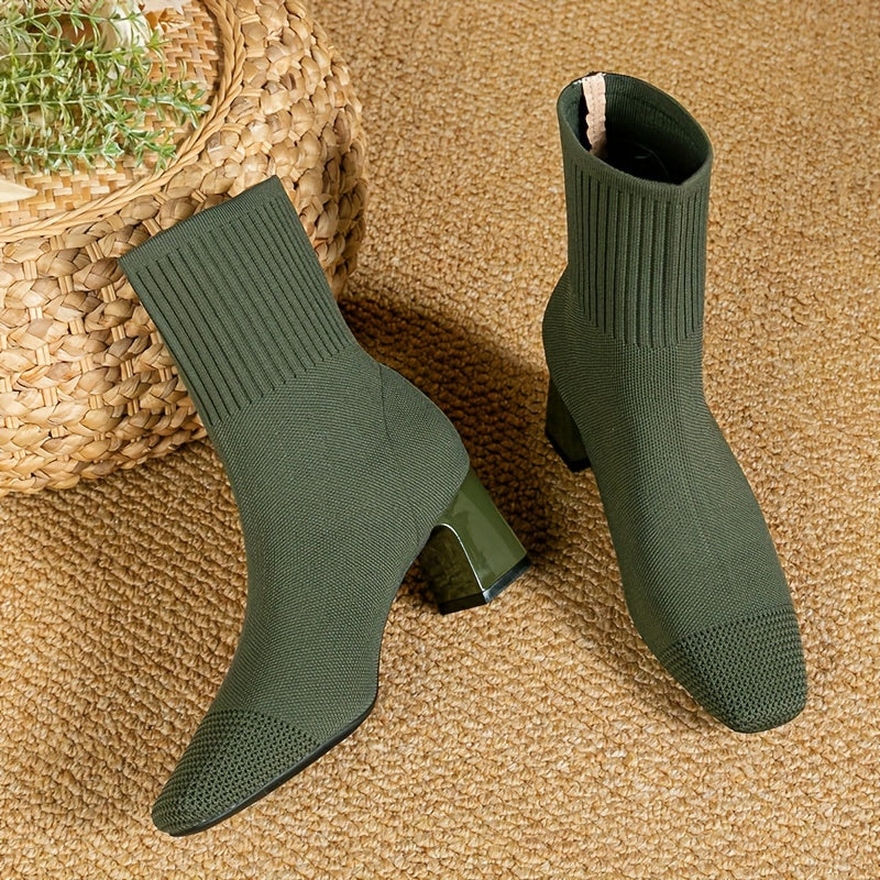 Women's Stretch Knit Sock Boots with Square Toe – Green