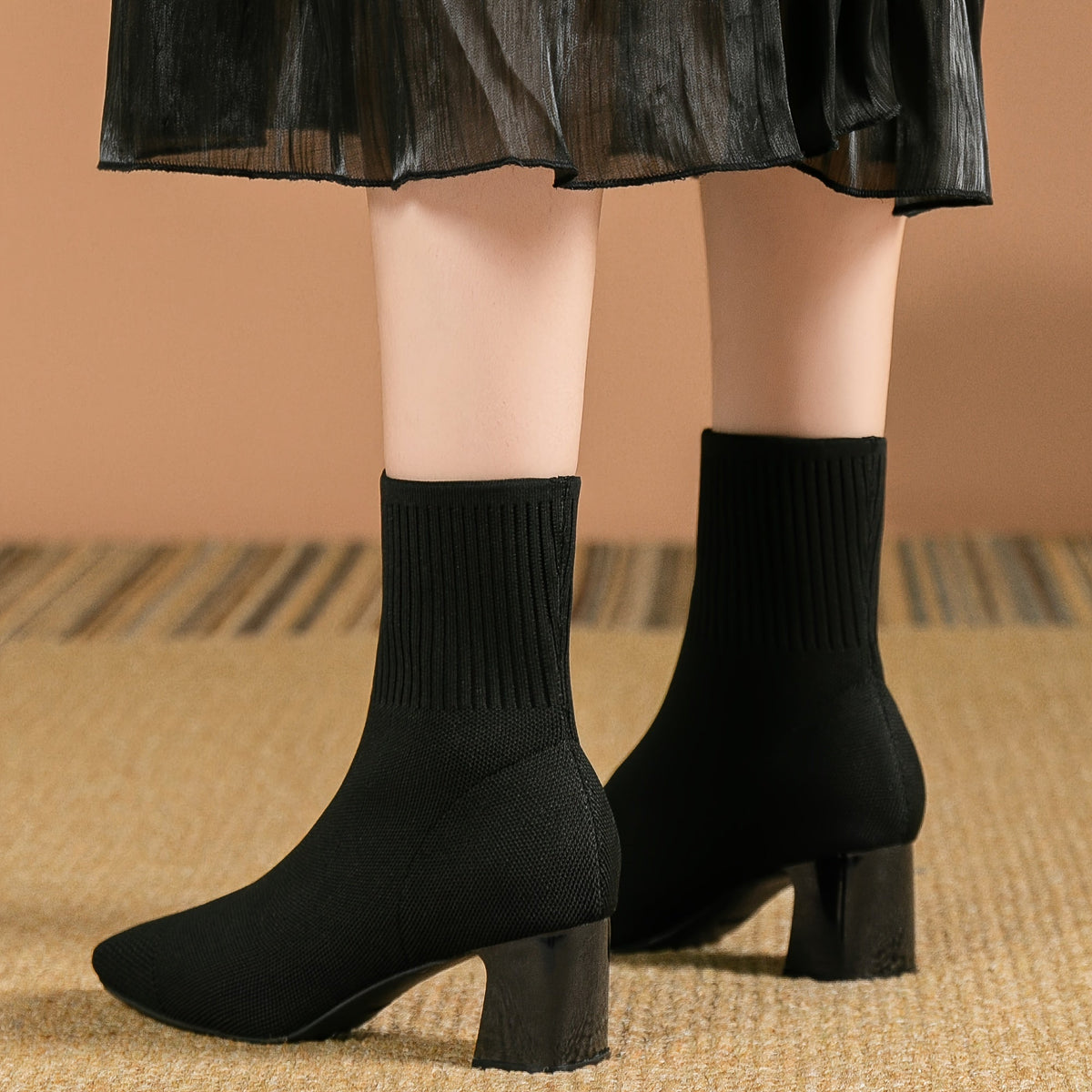 Women's Stretch Knit Sock Boots with Square Toe – Black