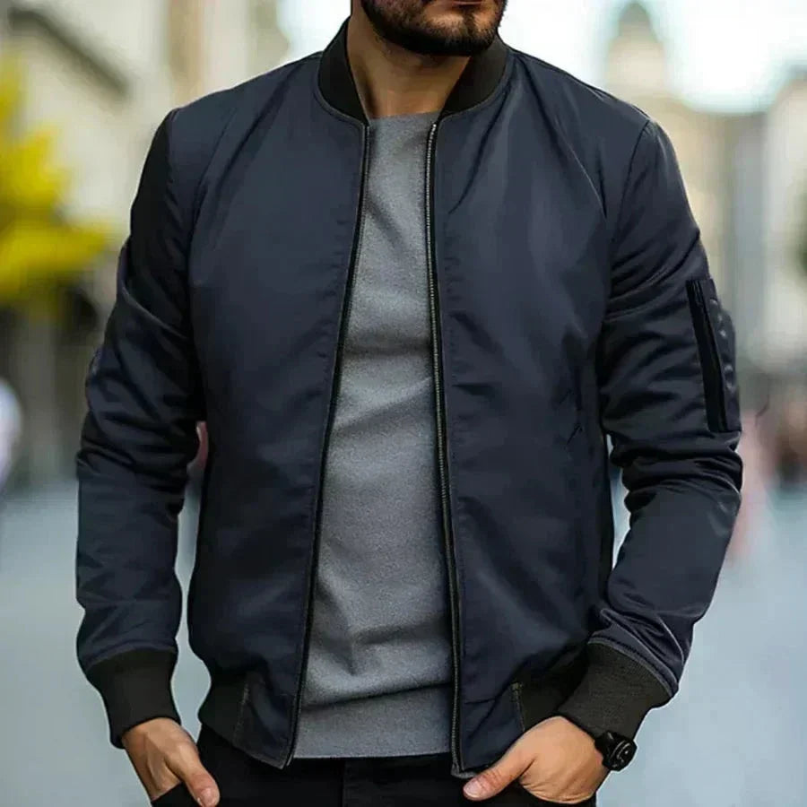 Men's Sporty Zip-Front Bomber Jacket with Ribbed Cuffs – Navy Blue