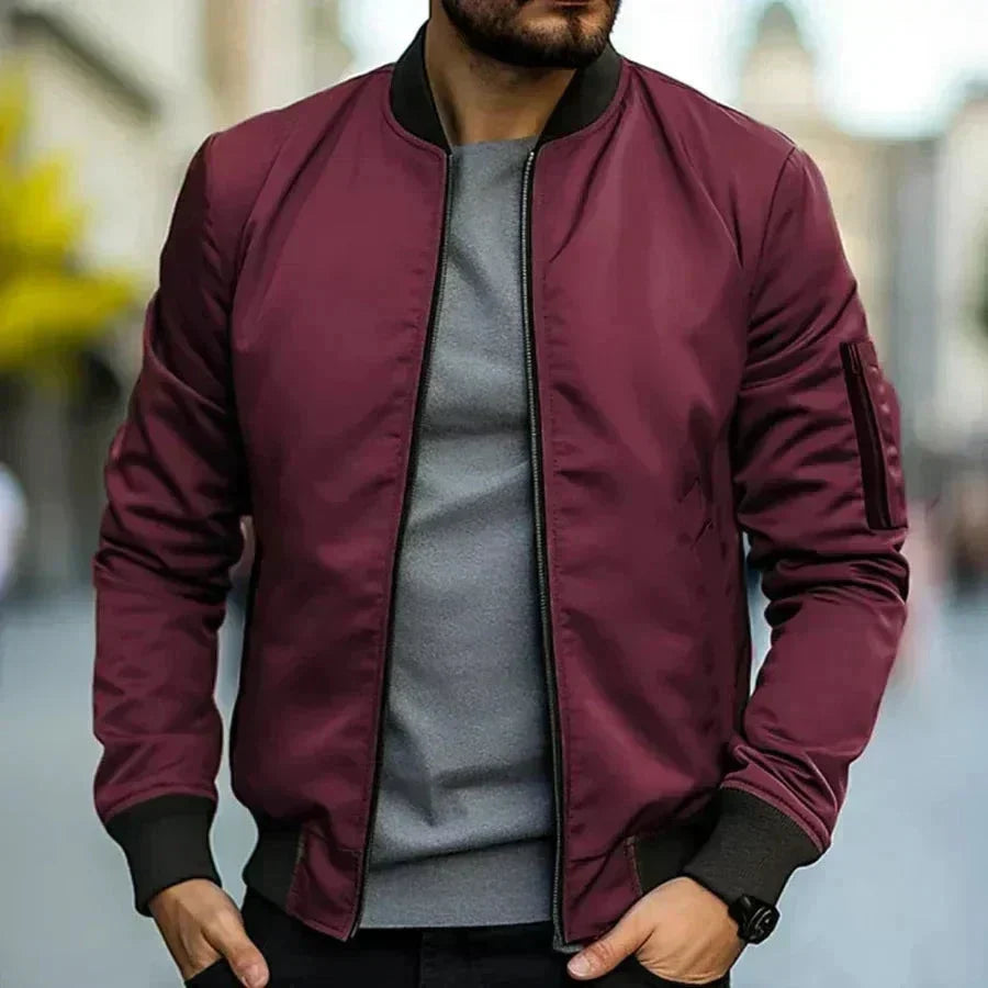 Men's Sporty Zip-Front Bomber Jacket with Ribbed Cuffs – Wine Red