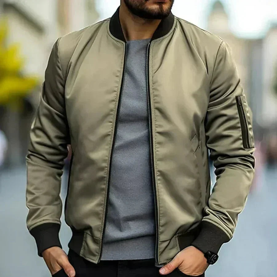 Men's Sporty Zip-Front Bomber Jacket with Ribbed Cuffs – Khaki