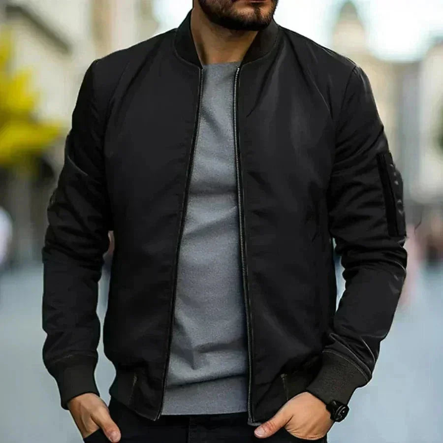 Men's Sporty Zip-Front Bomber Jacket with Ribbed Cuffs – Black