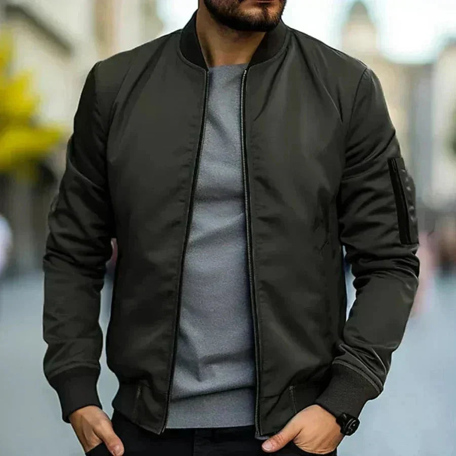 Men's Sporty Zip-Front Bomber Jacket with Ribbed Cuffs – Olive Green