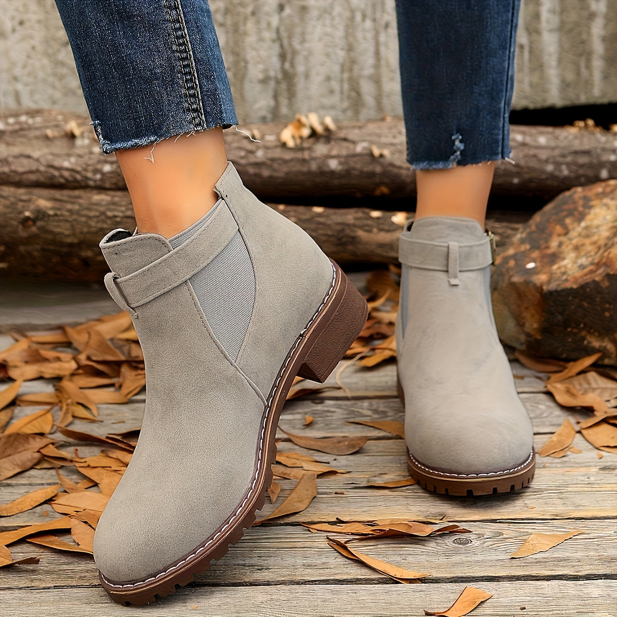 Women's Chelsea Boots with Buckle Strap and Lug Sole – Grey