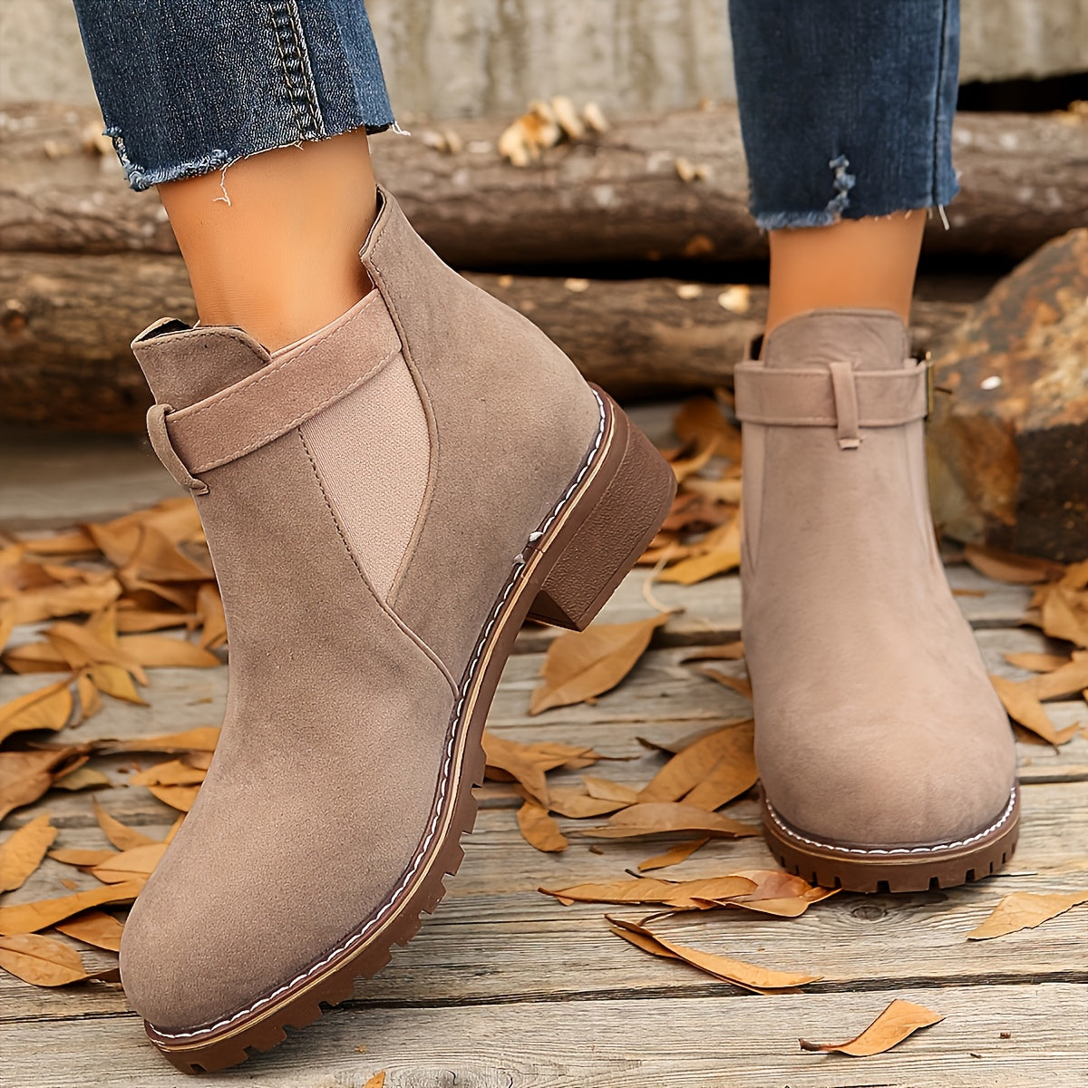 Women's Chelsea Boots with Buckle Strap and Lug Sole