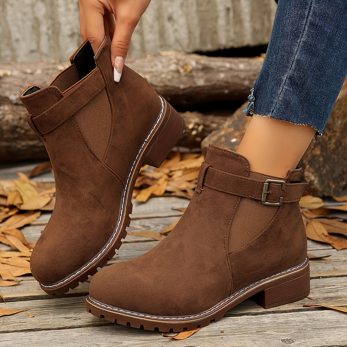 Women's Chelsea Boots with Buckle Strap and Lug Sole