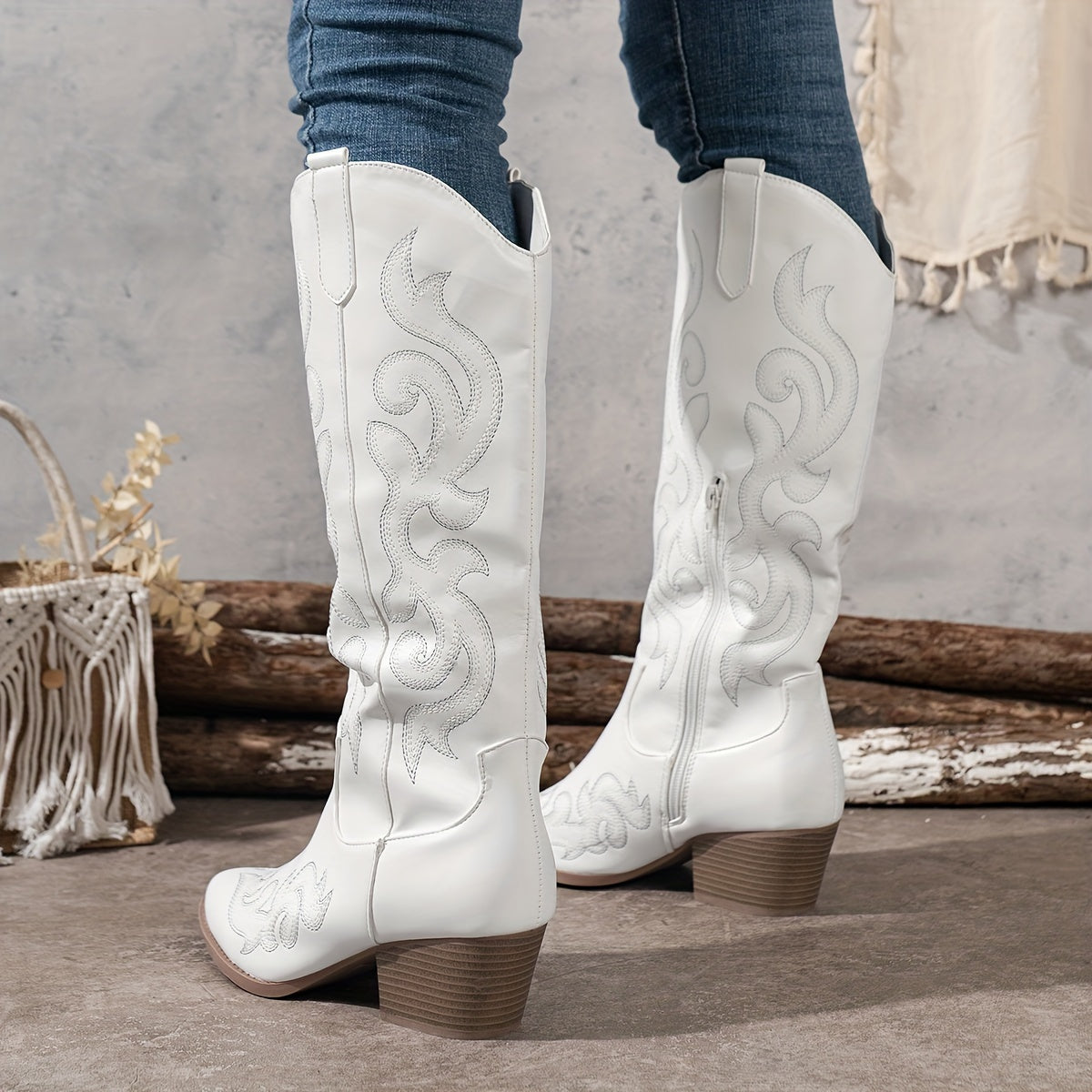 Women's Embroidered Western Boots with Wide Calf and Block Heel – White