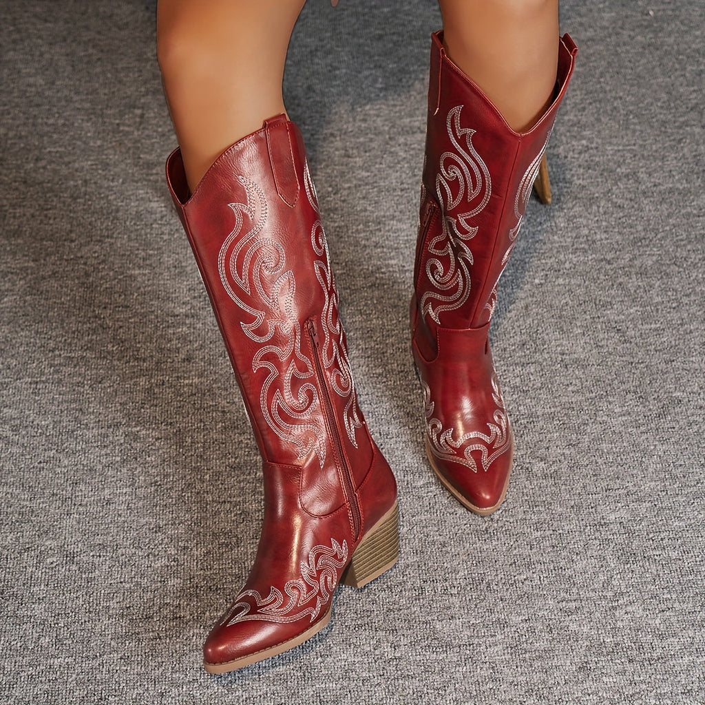 Women's Embroidered Western Boots with Wide Calf and Block Heel