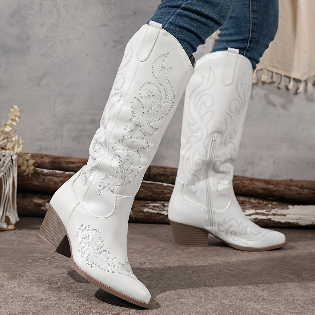 Women's Embroidered Western Boots with Wide Calf and Block Heel