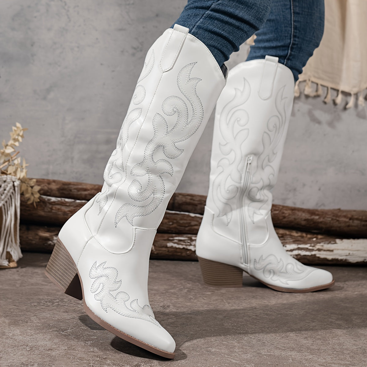 Women's Embroidered Western Boots with Wide Calf and Block Heel