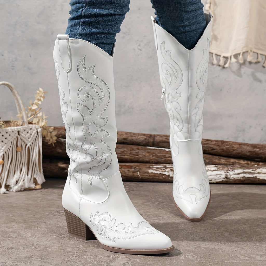Women's Embroidered Western Boots with Wide Calf and Block Heel
