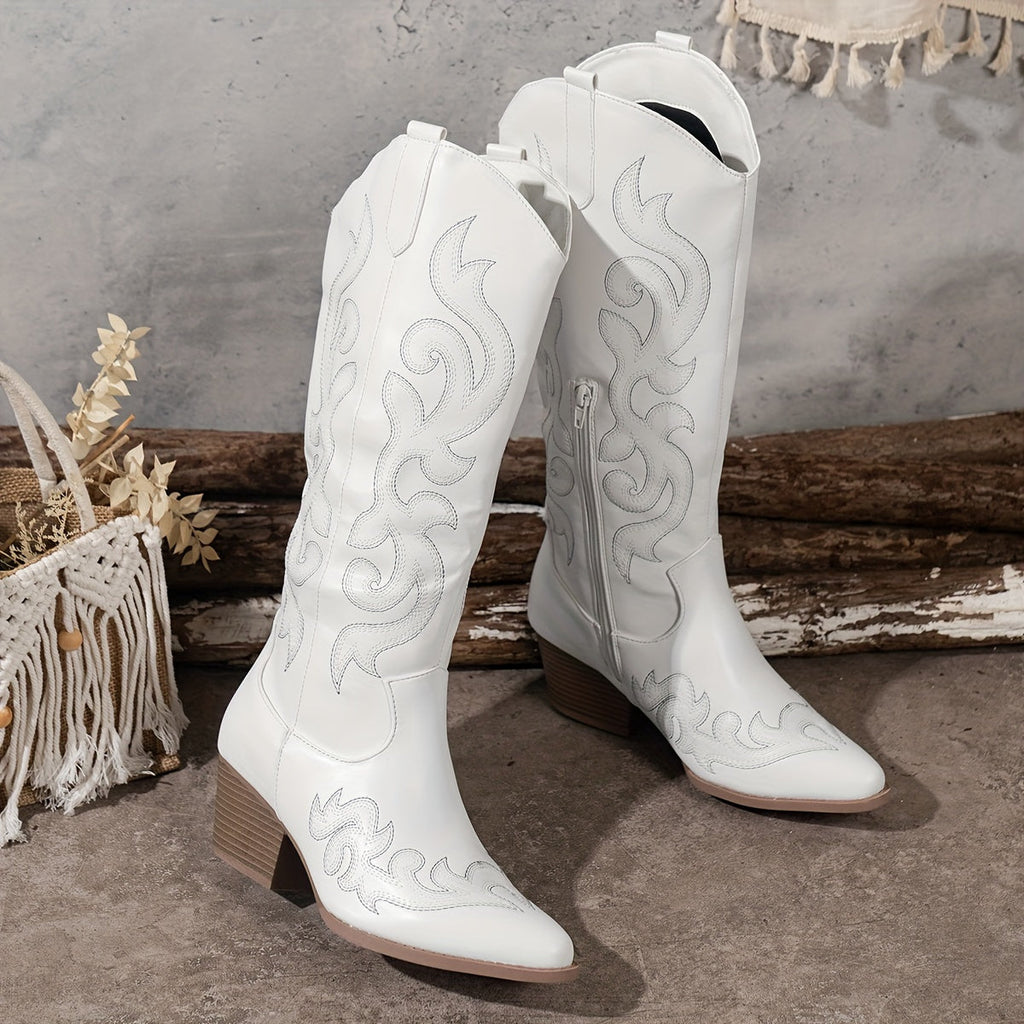 Women's Embroidered Western Boots with Wide Calf and Block Heel