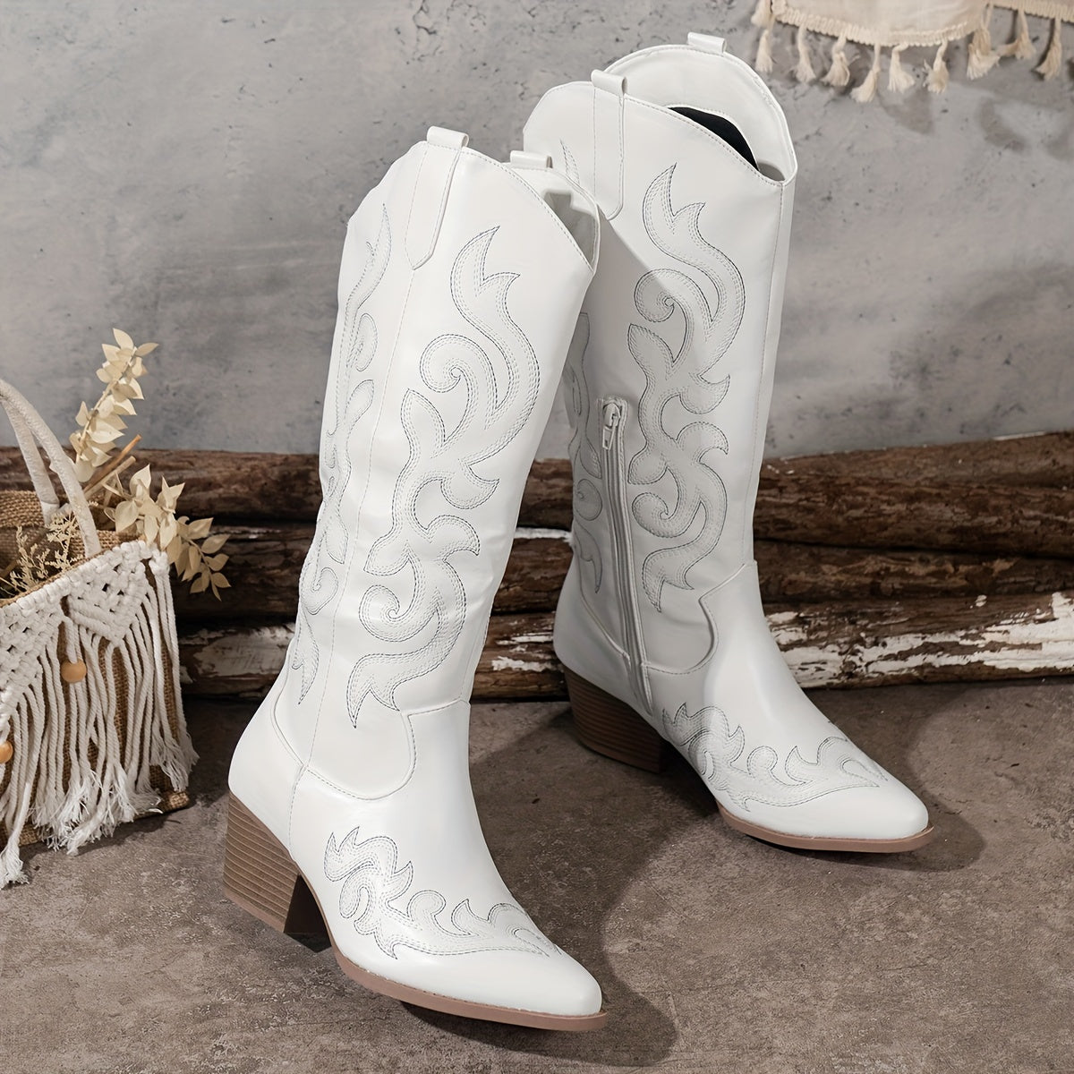Women's Embroidered Western Boots with Wide Calf and Block Heel