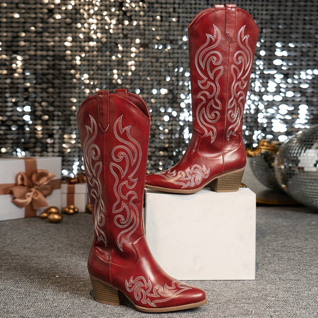 Women's Embroidered Western Boots with Wide Calf and Block Heel