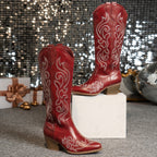 Women's Embroidered Western Boots with Wide Calf and Block Heel