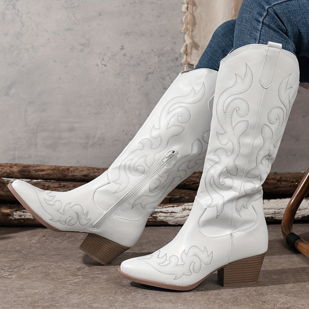 Women's Embroidered Western Boots with Wide Calf and Block Heel