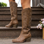 Women's Embroidered Western Boots with Wide Calf and Block Heel