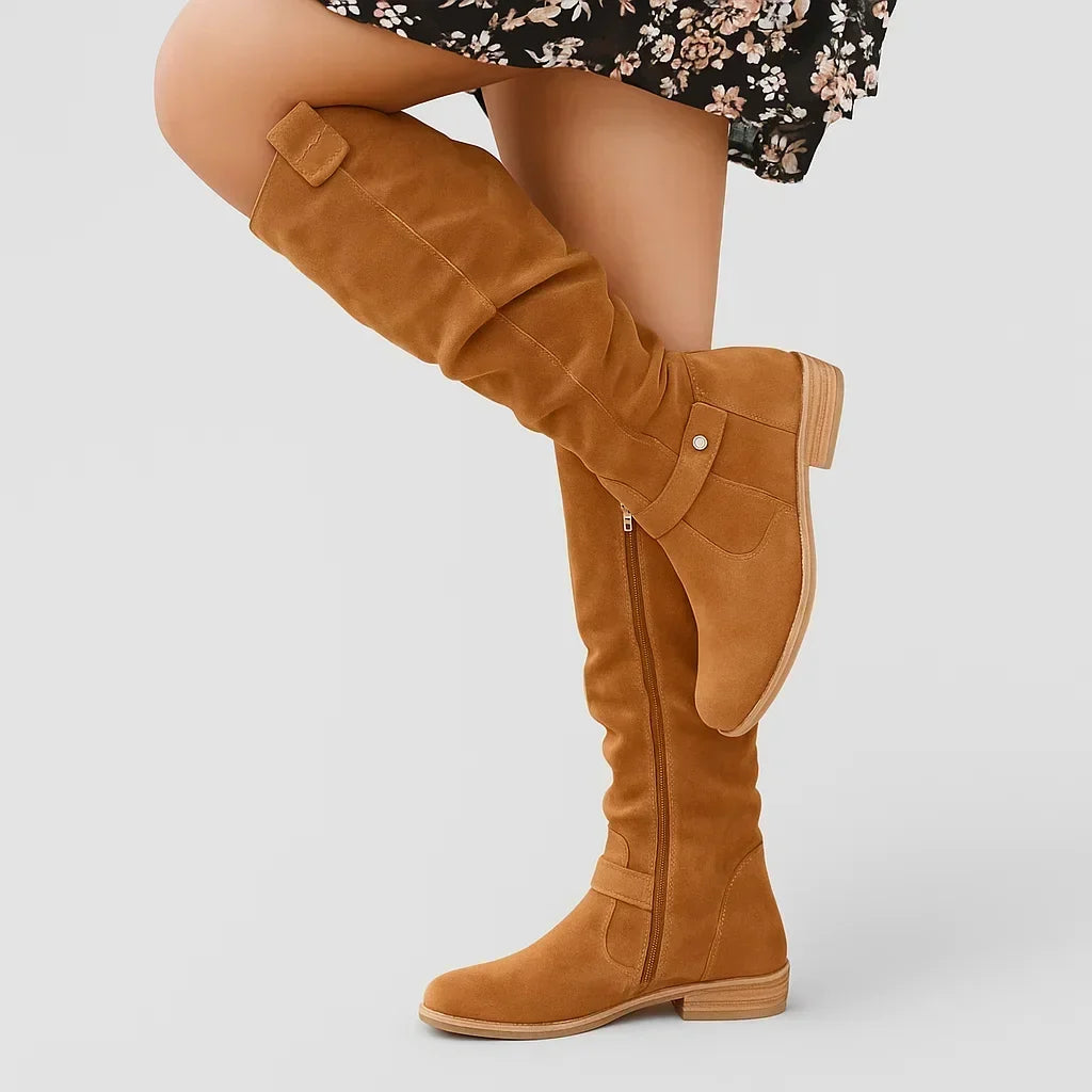 Women's Pointed Toe Slouch Boots with Pull Tab – Light Brown