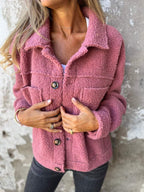Women's Padded Quilt Button Jacket with Twin Chest Pockets - Pink