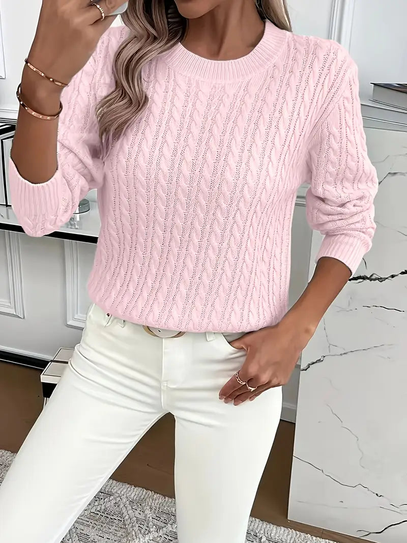 Women's Crew Neck Pullover in Lightweight Cable-Knit