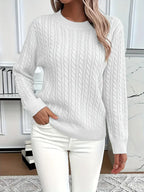 Women's Crew Neck Pullover in Lightweight Cable-Knit – White