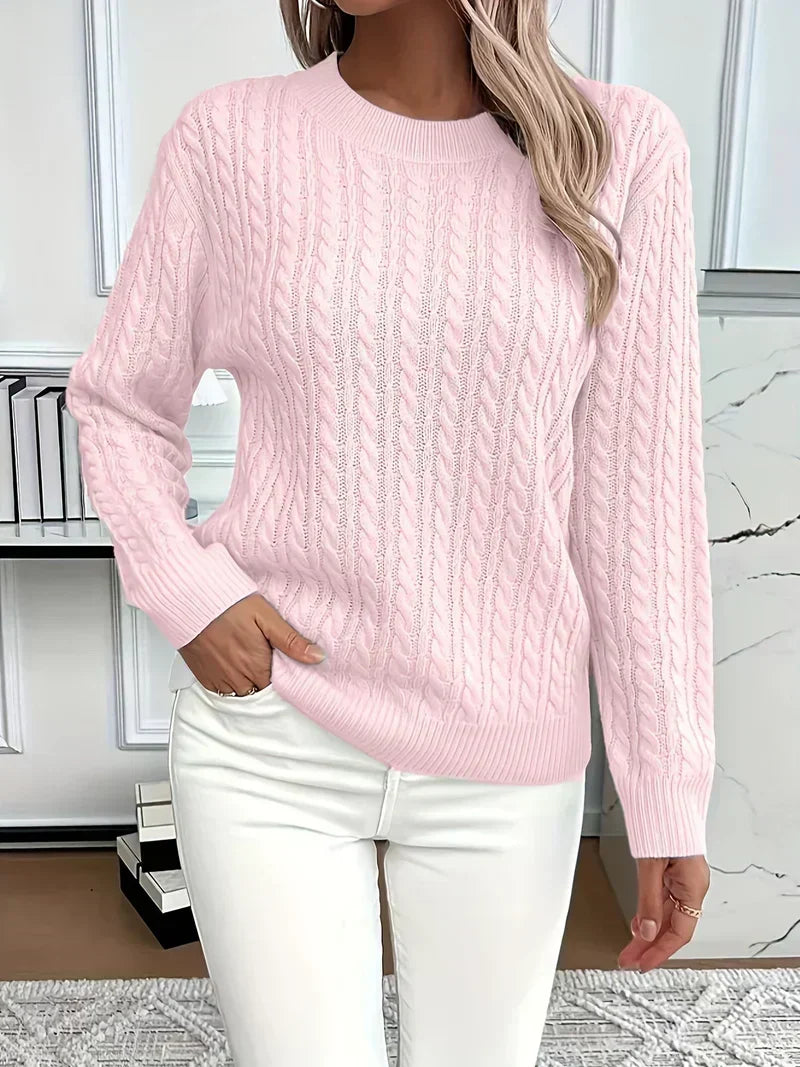 Women's Crew Neck Pullover in Lightweight Cable-Knit – Pink