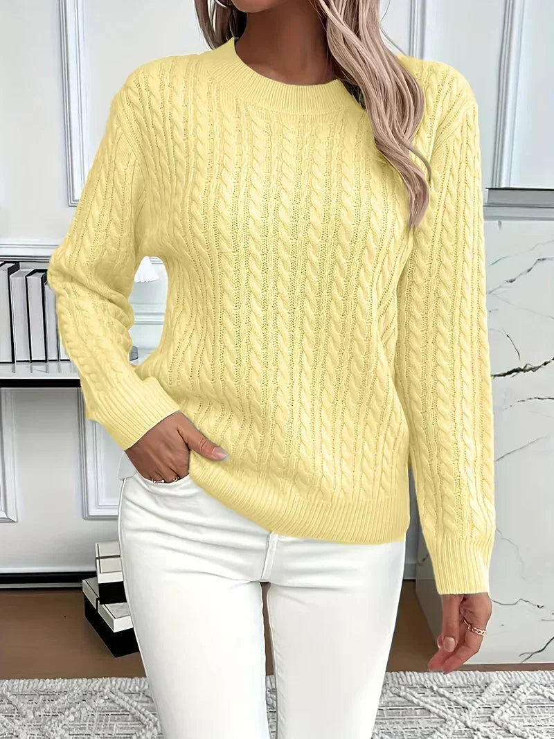 Women's Crew Neck Pullover in Lightweight Cable-Knit – Yellow