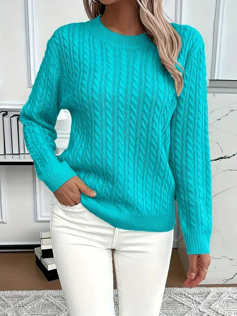 Women's Crew Neck Pullover in Lightweight Cable-Knit – Turquoise