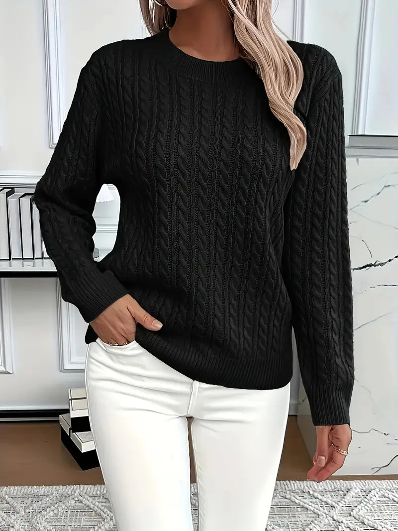 Women's Crew Neck Pullover in Lightweight Cable-Knit – Black