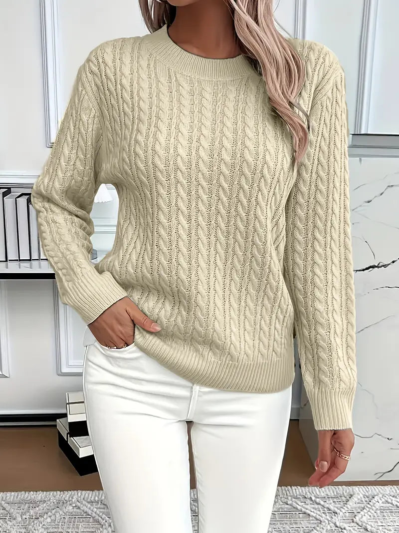 Women's Crew Neck Pullover in Lightweight Cable-Knit – Khaki
