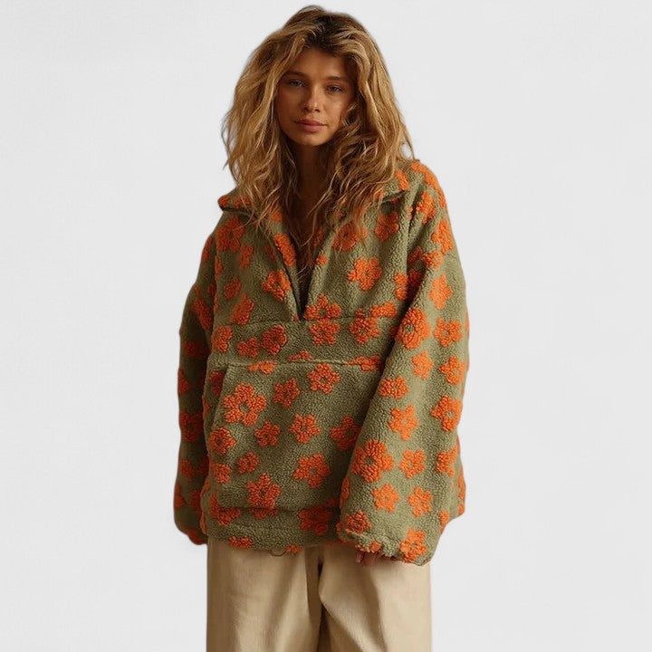 Women's Brushed Fleece Floral Half-Zip Top - Orange