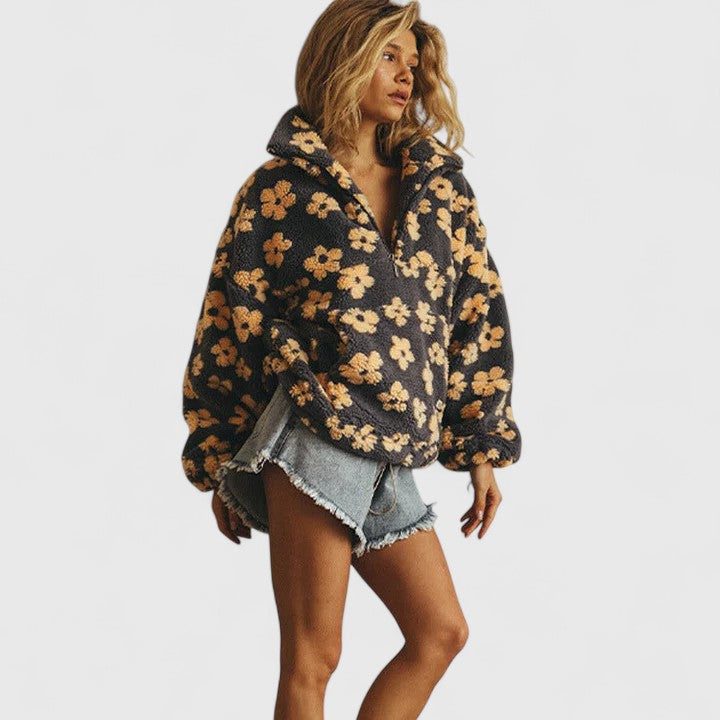 Women's Brushed Fleece Floral Half-Zip Top