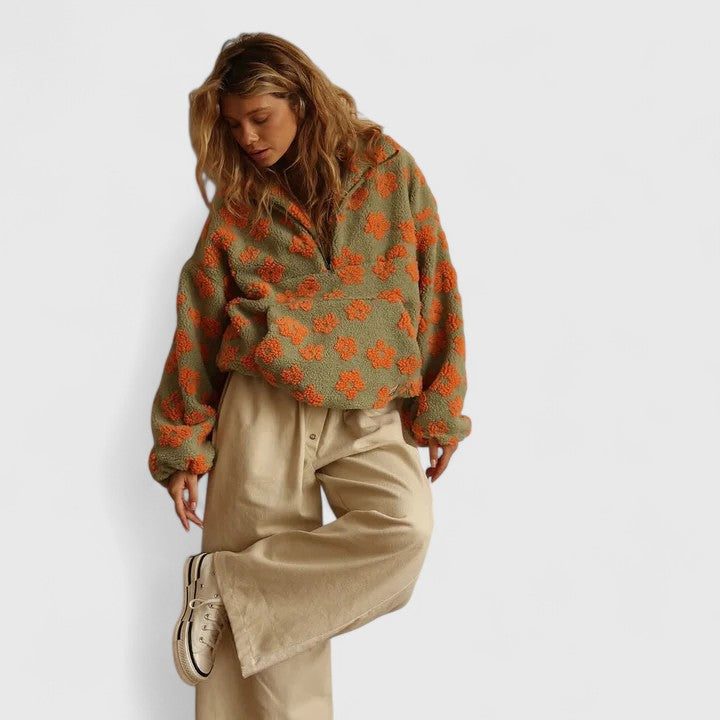 Women's Brushed Fleece Floral Half-Zip Top