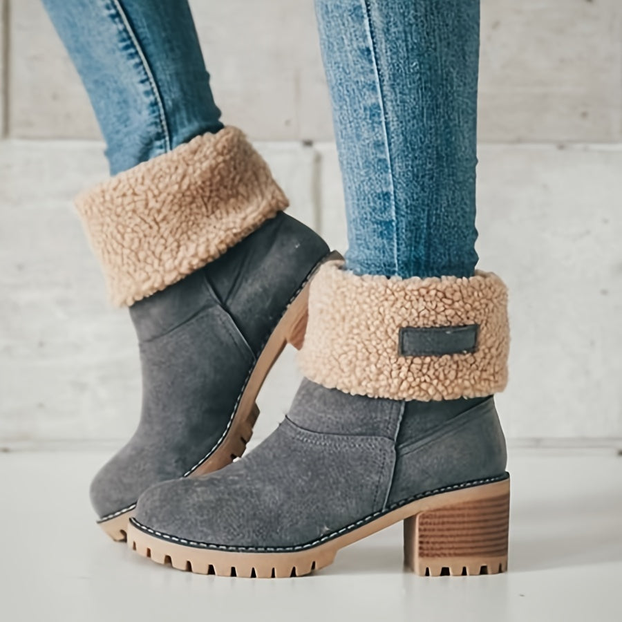 Women's Block Heel Ankle Boots with Fleece Lining – Grey