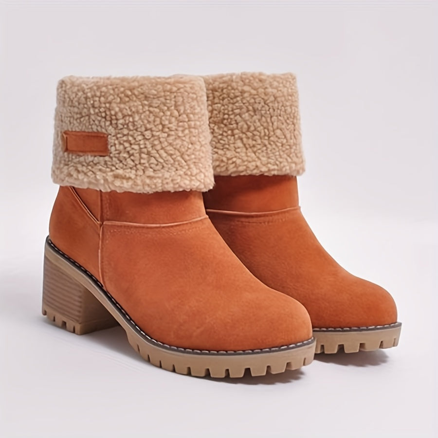 Women's Block Heel Ankle Boots with Fleece Lining – Camel