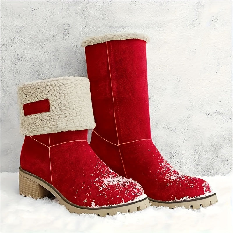 Women's Block Heel Ankle Boots with Fleece Lining – Tangerine-red
