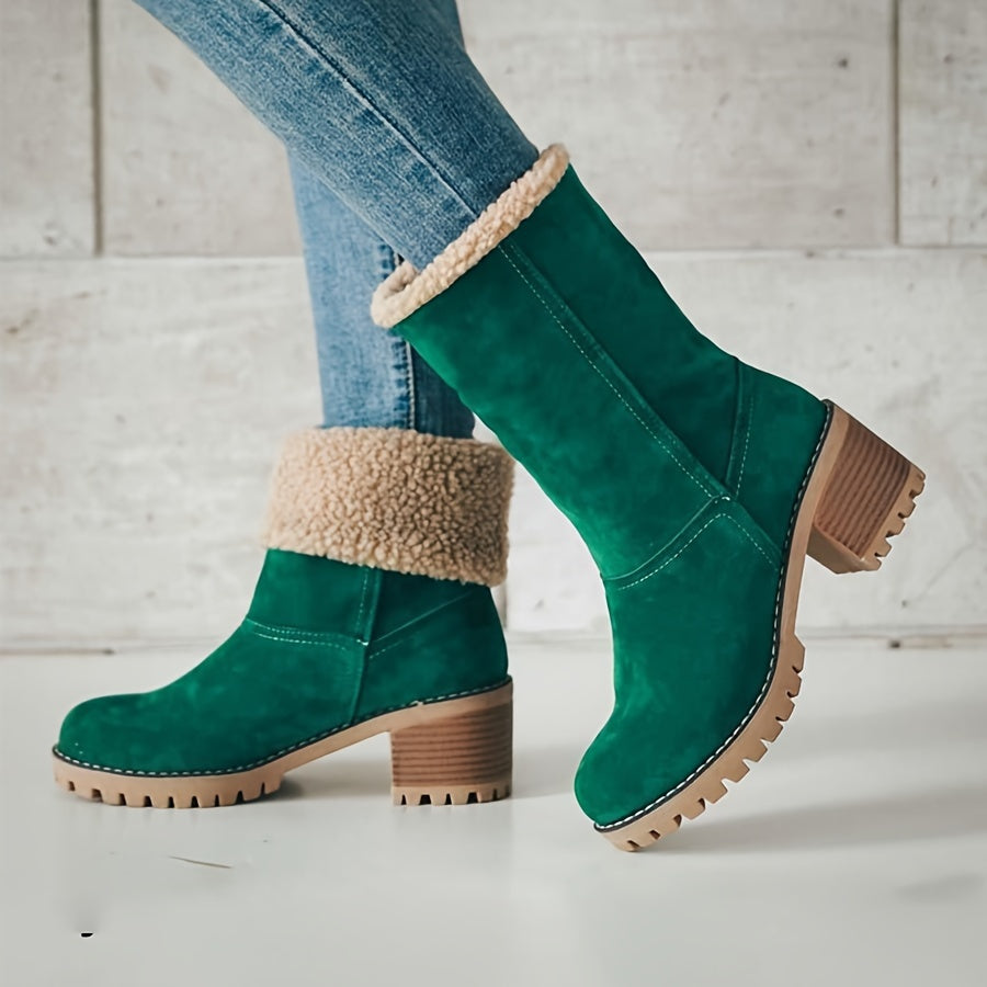 Women's Block Heel Ankle Boots with Fleece Lining – Green