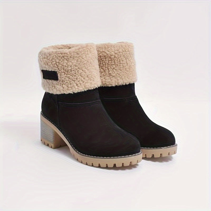 Women's Block Heel Ankle Boots with Fleece Lining