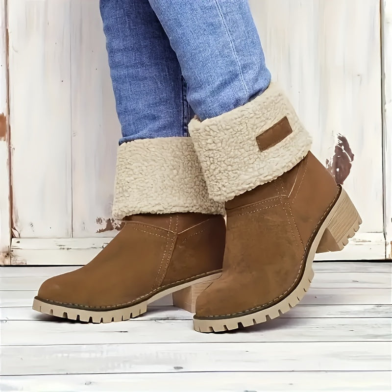 Women's Block Heel Ankle Boots with Fleece Lining