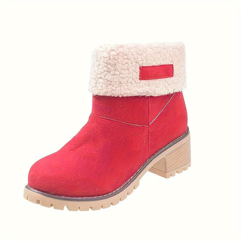 Women's Block Heel Ankle Boots with Fleece Lining – Red